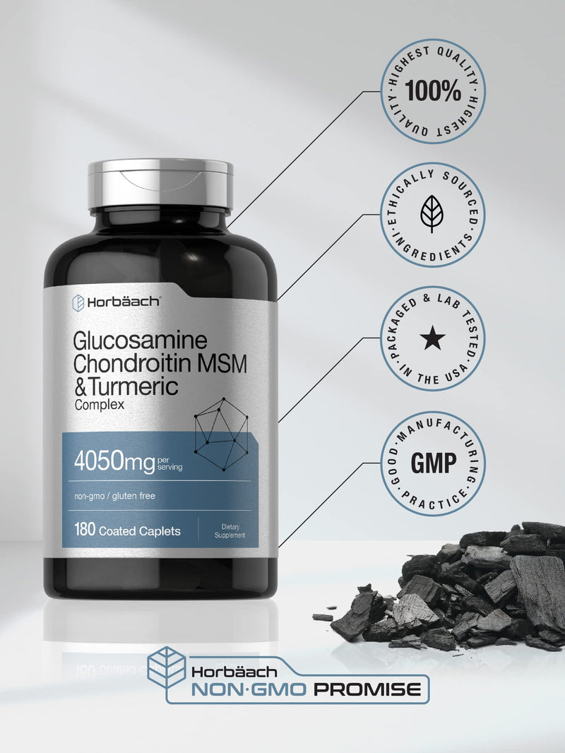 Horbäach Glucosamine Chondroitin with Turmeric & MSM | 4050 mg | 180 Caplets | Triple Strength Formula | Non-GMO, Gluten Free 180 Count (Pack of 1)