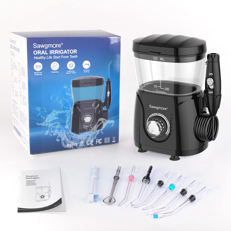 [Australia] - Sawgmore Electric Oral Irrigator with 10 Pressure Levels and 8 Nozzles, Professional Water Flosser for Dental Cleaning, 600ML Water Tank, Perfect for the Family Black 
