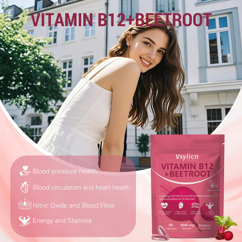9000mg Beetroot Capsules | High Strength Vitamin B12 Complex & Beetroot Extract Supplement | Nitric Oxide Boost, Blood Pressure & Digestion Support | Rich in Vitamins & Minerals | Non-GMO & Vegan