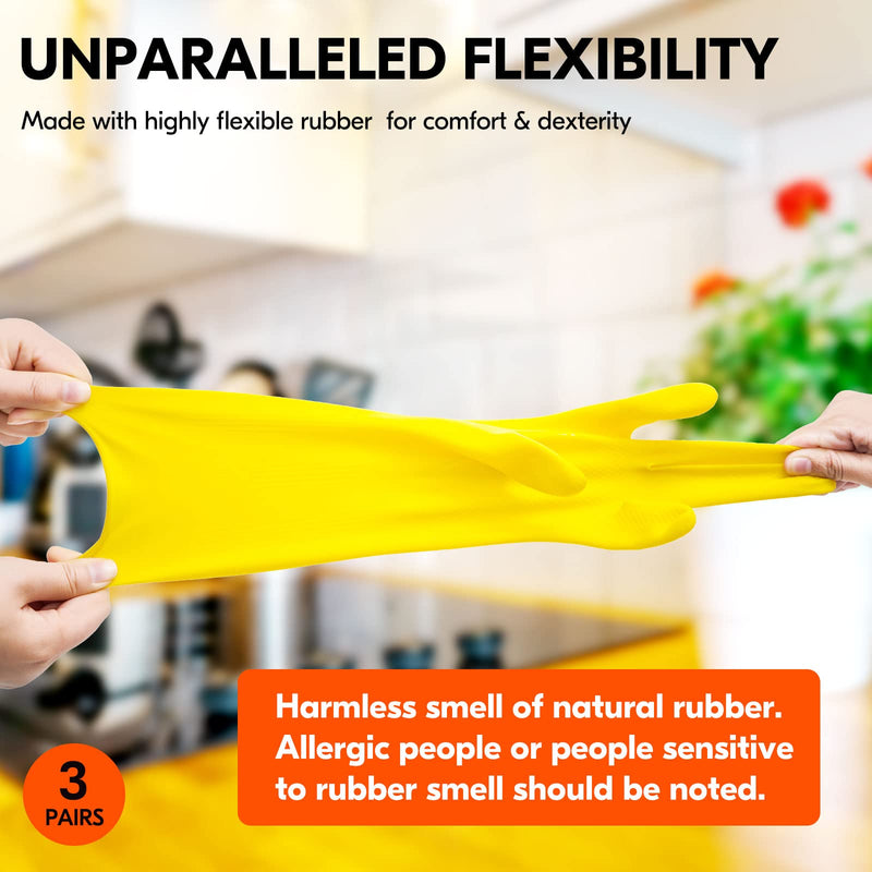 [Australia] - Vgo... 3-Pairs Reusable Household Gloves, Rubber Dishwashing gloves, Extra Thickness, Long Sleeves, Kitchen Cleaning, Working, Painting, Gardening, Pet Care (Size L, Yellow, HH4601) Large 3 Pairs - Yellow 