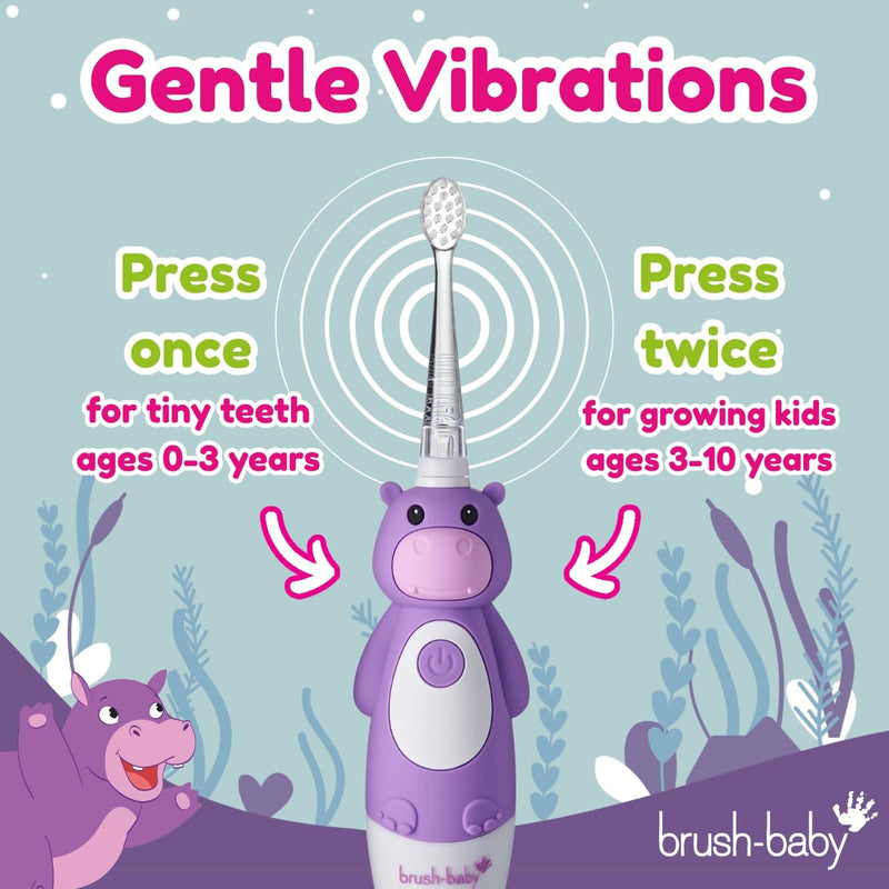 [Australia] - BrushBaby - WildOnes - Kids Rechargeable Electric Toothbrush, Ages 0-10 - Holly Hippo Design with Flashing Lights - DeepClean Bristles for Superior Cleaning - 2 Replacement Brush Heads, 1 USB Cable 