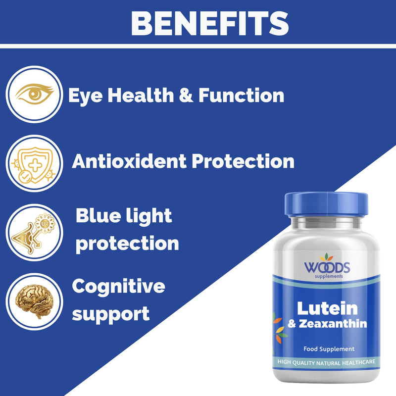 Woods Supplements - 20g Lutein and Zeaxanthin Supplement. 60x Complex Multivitamin Tablets with Added Astaxanthin, Bilberry, Carrot, Gingko, Beta Carotene, Vitamins C, E, B for Healthy Eyes & Vision 60