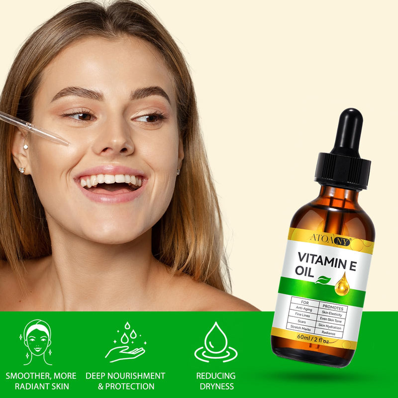 Vitamin E Oil 2 Fl Oz - Vitamin E Oil for Skin, Face, Hair, Body - Natural Antioxidant for Dryness, Wrinkles, Scars & Stretch Marks, Moisturizing and Firming Skin 2 Fl Oz (Pack of 1)