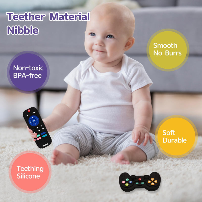 [Australia] - 2 Pack Silicone Teething Toys for Babies 0-6 Months, Teethers for Babies 6-12 Months, Remote Teether for Baby, Sensory Toys for Babies, Baby Chew Toys Black-Black 