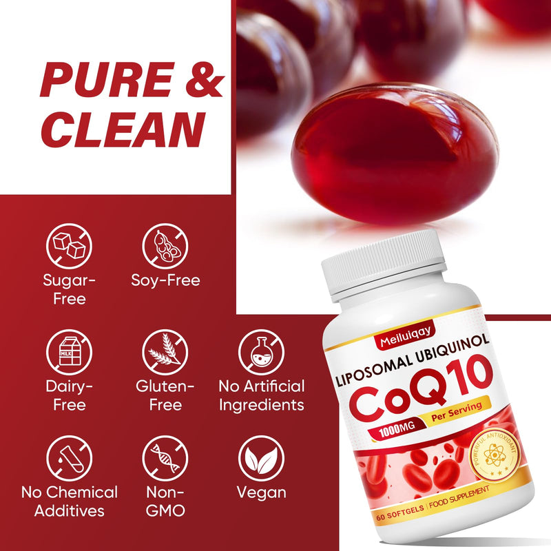 CoQ10 Supplement 1000 mg, 60 Softgels, Liposomal Ubiquinol Vegan Supplement-Heart & Energy Support, High Strength Coenzyme Q10, Non-GMO & Gluten Free