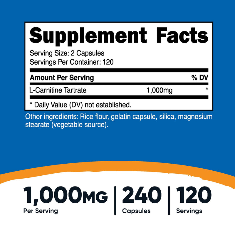 Nutricost L-Carnitine Tartrate 1,000mg, 240 Capsules - 500mg Per Capsule, 120 Servings 240 Count (Pack of 1)