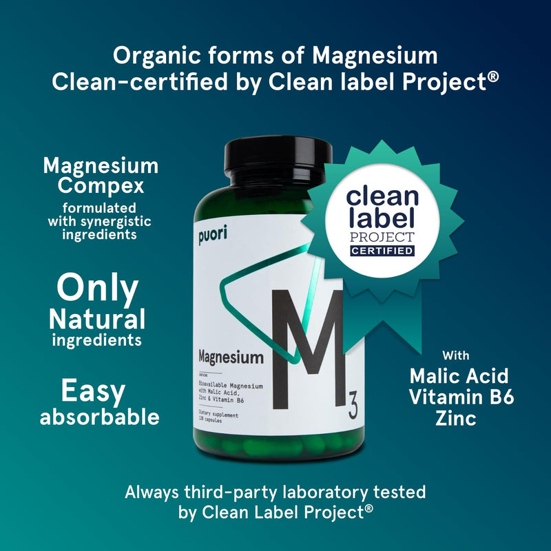 Puori M3, Magnesium Complex Supplement for Men & Women - 240 Vegan Capsules | High Absorption with Organic Magnesium, Zinc, Vitamin B6 & Malic Acid for Sleep Support, Bone Health & Muscle Recovery 120 Count (Pack of 2)