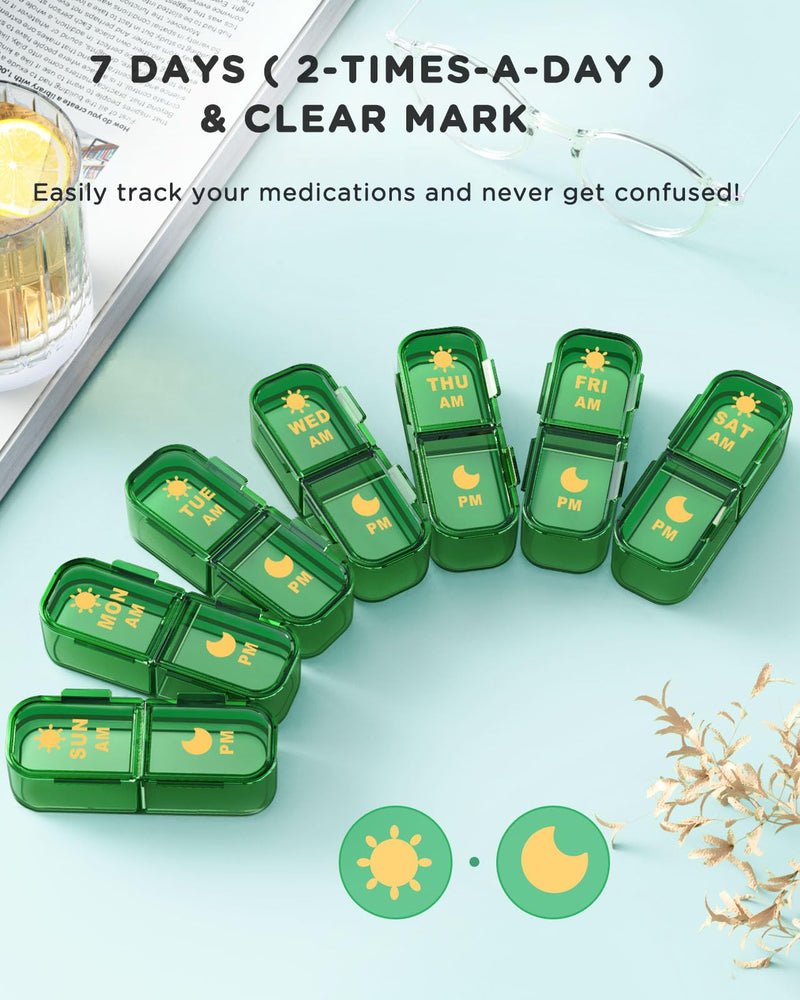 Acedada Pill Organizer 2 Times A Day, 7 Day Am Pm Pill Box, Green | Weekly Pill Organizer with Separate Container, Portable Daily Medicine Dispenser Case for Vitamin, Fish Oils, Supplements