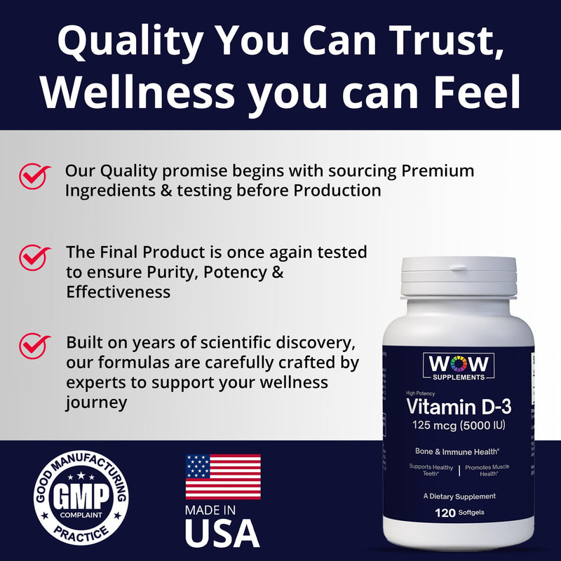 WOW Supplements Vitamin D3 5000 IU Softgels, 125 mcg - Vitamin D3 5000IU Supplement for Strong Bones and Immune Support - Non-GMO, Gluten Free Vitamin D 125 mcg - VIT D3 5000 IU Softgels - 120 Count
