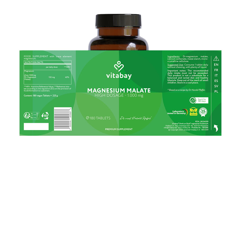 Vitabay Magnesium Malate 1000 mg High Strength – 180 Vegan Tablets – Energy Metabolism, Fatigue & Muscle Function – Laboratory Tested in Germany – No Additives – 6 Month Supply