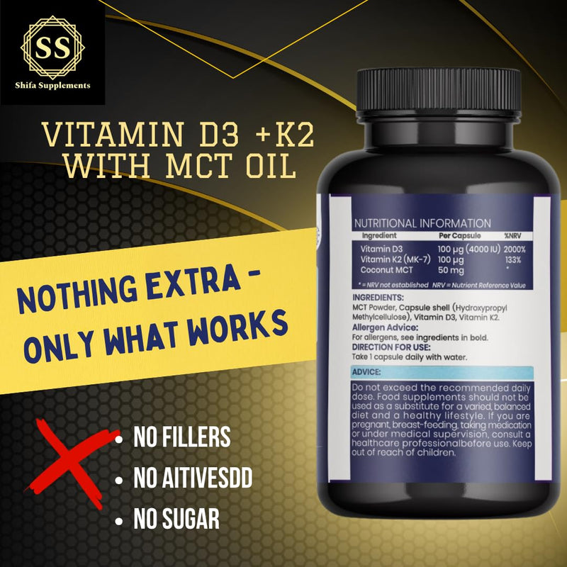 Vitamin D3 4000 IU + K2 100mcg with MCT Oil | 120 Tiny Capsules, Pure Formula, Excipient & Filler Free | Halal Certified, Vegetarian, Non GMO | Bones, Teeth & Immunity