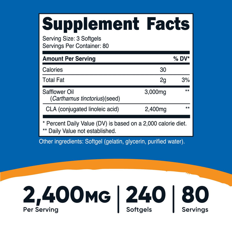 Nutricost CLA (Conjugated Linoleic Acid) 2,400mg, 240 Softgels - Gluten Free, Non-GMO, 800mg Per Softgel 240 Count (Pack of 1)