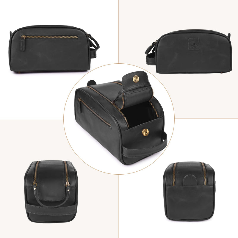 Full Grain Leather Toiletry Bag for Men & Women – Water-Resistant Travel Shaving Kit Organizer with YKK Zipper, Spacious Bathroom Grooming & Cosmetic Storage Case - Black