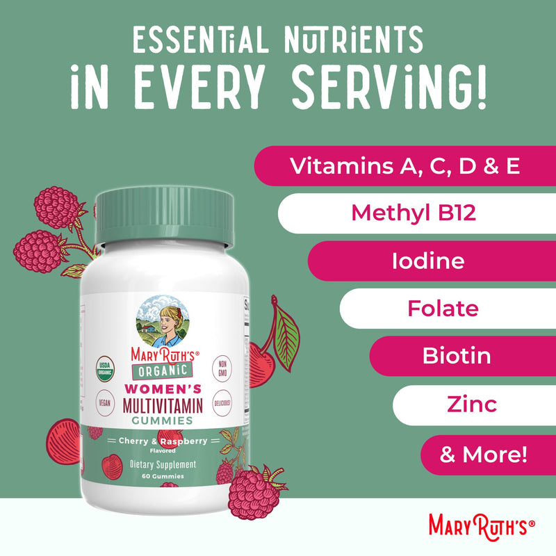 MARYRUTH'S Multivitamin Gummies for Women (Cherry & Raspberry) & Iron Liquid Supplement (Berry) | Clean Label Project Verified® | USDA Organic, Vegan, Non-GMO | Beauty, Immunity & Overall Health