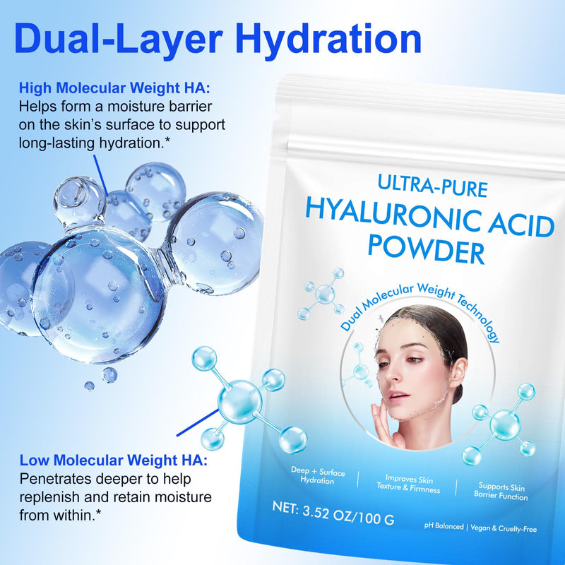 [Australia] - Hyaluronic Acid Powder for Skin (3.52 oz) - 100% Pure Hyaluronic Acid Powder, DIY Organic Hydrating Serum & Anti-Aging Ingredient, 1 Scoop = 1 Bottle of Essence 