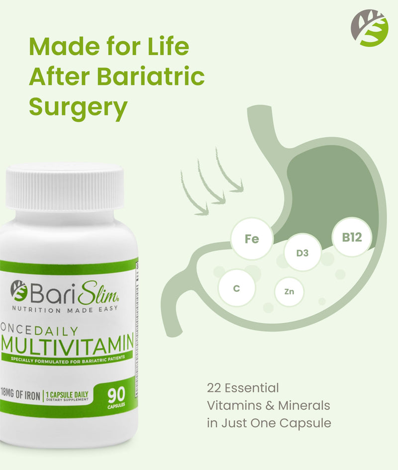 BariSlim Once Daily Bariatric Multivitamin Capsule - 18mg of Iron - Bariatric Vitamin & Supplement for Post Surgery Including Gastric Bypass & Gastric Sleeve | 90 Day Supply 90 Count (Pack of 1)