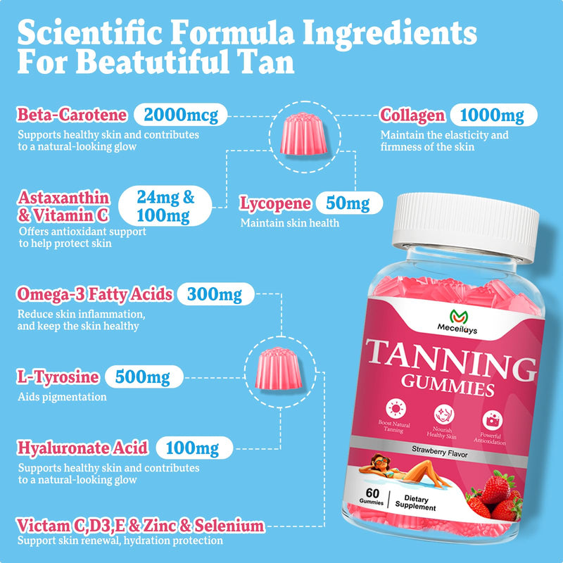 [Australia] - 2 Pack Tanning Gummies for Women, Daily Tanning Supplement Melanin Tan Gummy Chew with Astaxanthin Vitamin Beta Carotene Work Fast Without Sun for Men, Vegan Sugar Free,Strawberry Flavor,120 Count 60 Count (Pack of 2) 