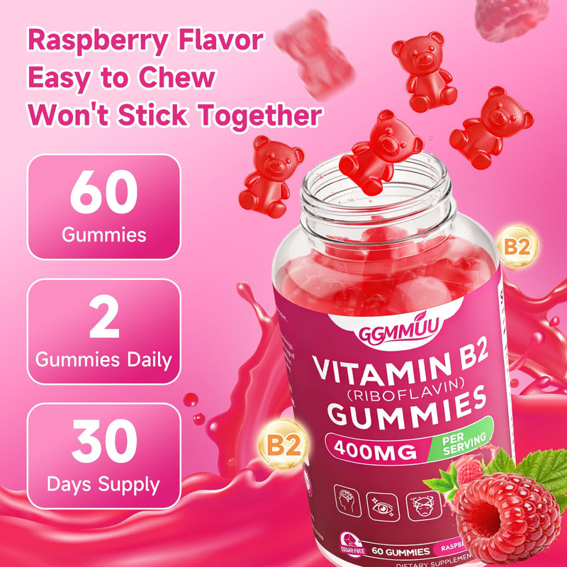 2 Pack Vitamin B2 400mg Gummies with Magnesium, Raspberry, 120 Count | High-Potency Riboflavin with Magnesium for Head Comfort, Energy & Nervous System Support, Sugar Free, Vegan, Non-GMO 60 Count (Pack of 2)