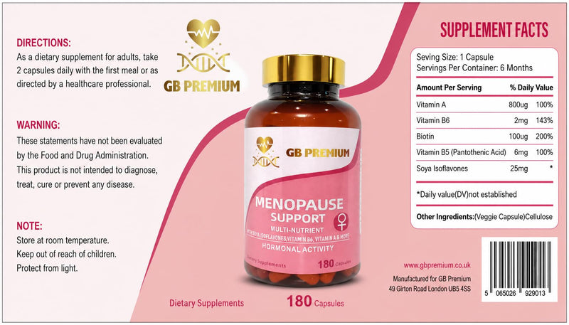 Menopause Support Capsules, Multi-Nutrient Supplement with SOYA Isoflavones, Vitamin B6, Vitamin A & More, 180 Capsules