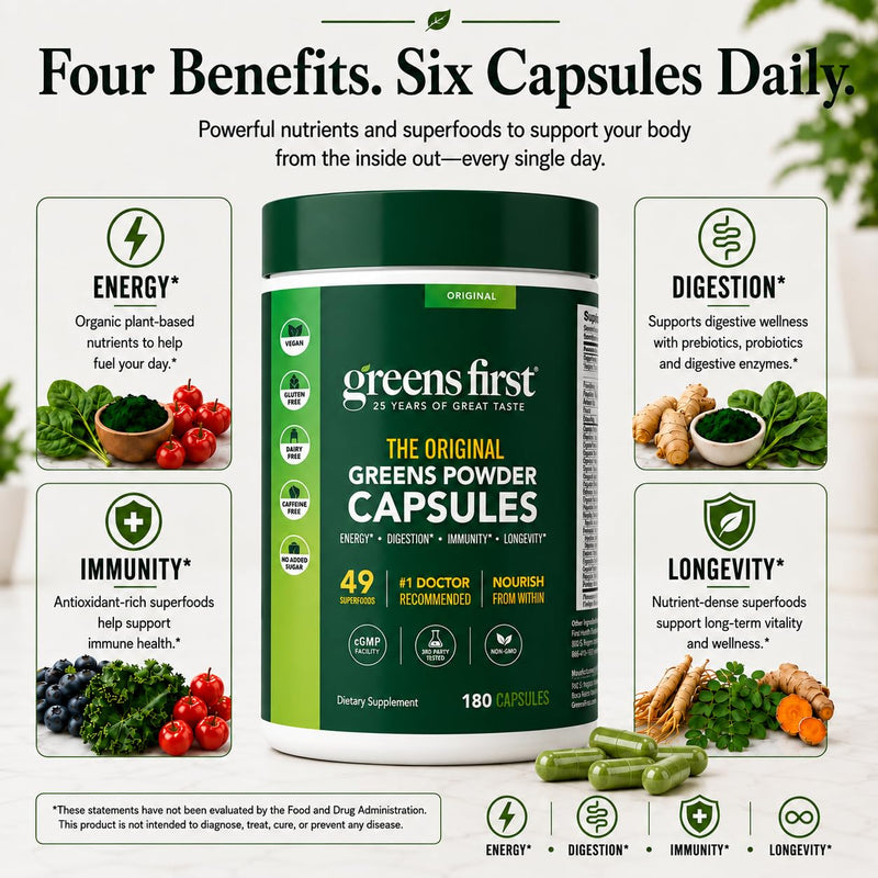 Greens First Phytonutrient Capsules, 180 Capsules | 49 Antioxidant-Rich Superfoods, Organic Fruits & Veggies, Prebiotics, Probiotics, Digestive Enzymes