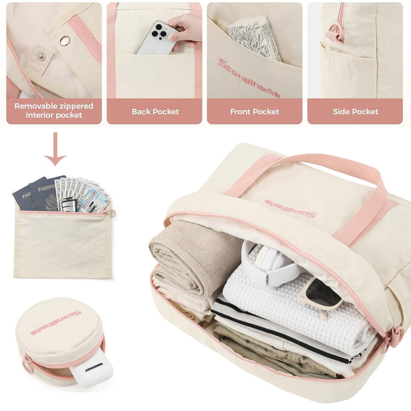 Travel Duffel Weekender Overnight Bag, Waterproof Sports Gym Carry On Tote Bag Personal Item holdall Bag for Women Beige