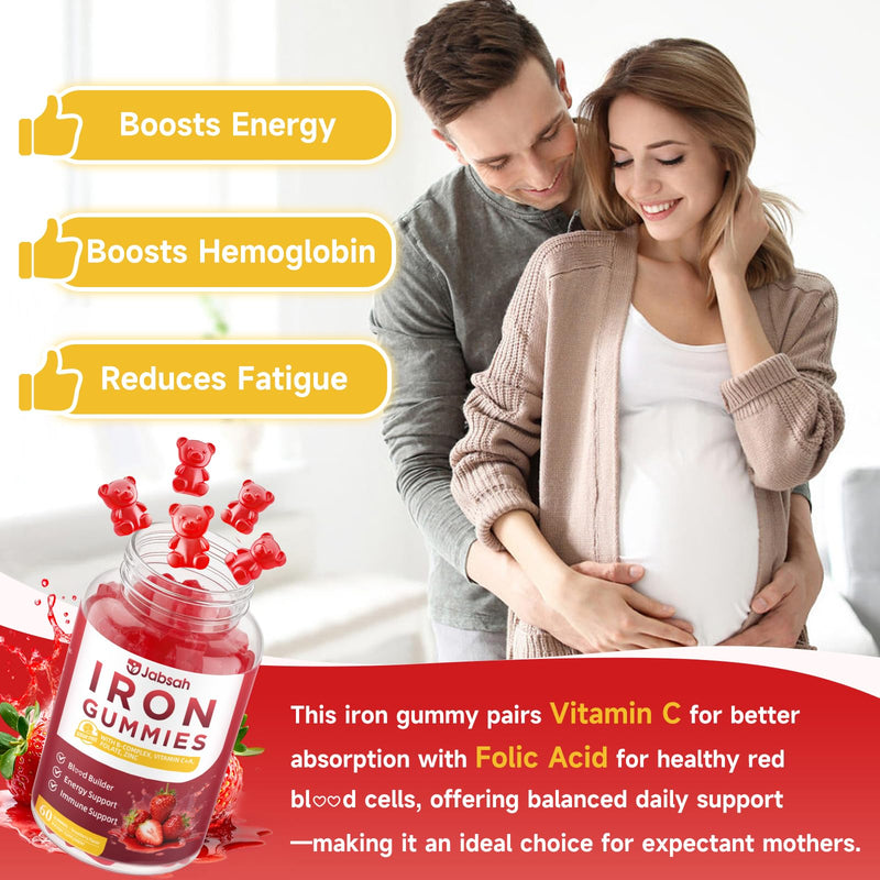 Vegan Iron Gummies for Women & Men, Iron Supplement with B-Complex, Vitamin C, A, Folate for Adults & Kids - Blood Builder & Energy Support & Immune Health - Strawberry Flavor, 120 Gummies 60 Count (Pack of 2)