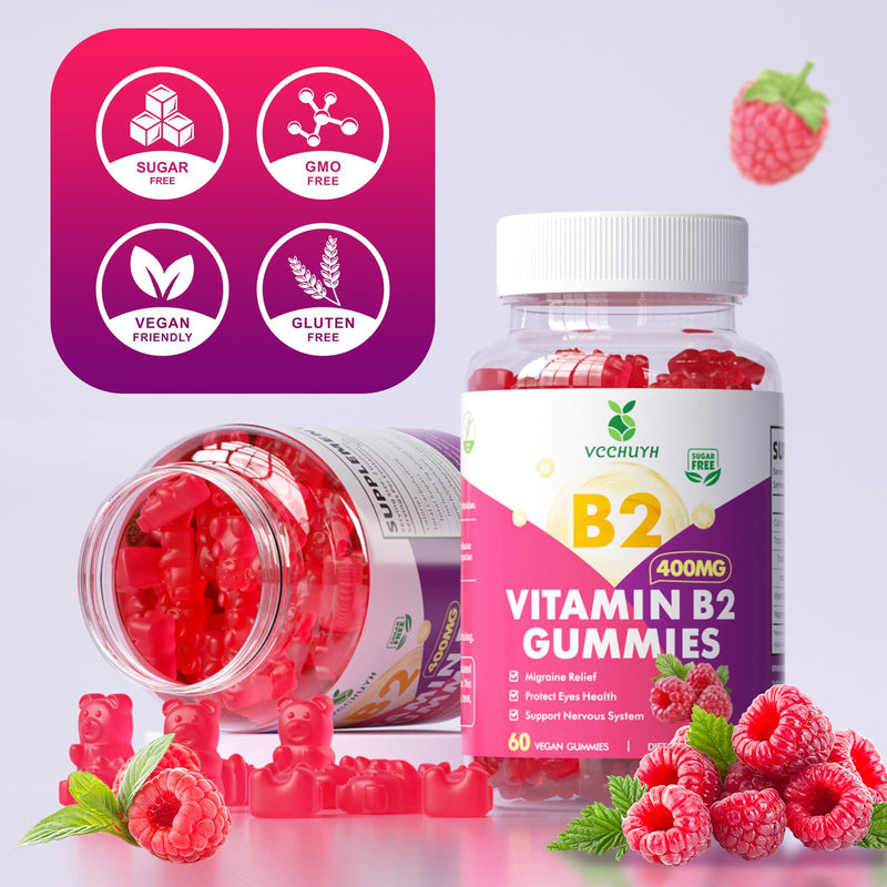 Vitamin B2 Gummies for Kids & Adults, VIT B2 Riboflavin 400mg Supplement with Magnesium for Migraine Relief & Nervous System Support, Non-GMO, Vegan, Raspberry Flavor 120 Count 60 Count (Pack of 2)