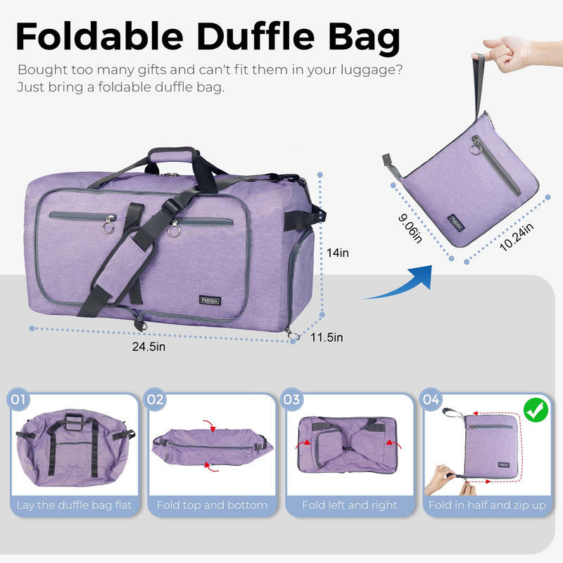 65L Duffle Bag Foldable Travel Duffel Bags for Men Women Travel Bag | Shoes Compartment, 65L Large Capacity, Foldable, Packable, Water Repellent, Tear Resistant, for Traveling Gym Overnight Camp Textured Purple