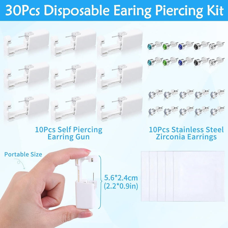 [Australia] - Evatage 10 Packs Self Ear Piercing Kit, Home Piercing Kit Disposable Ear Piercing Gun Kit with Stainless Steel Earring Studs for Pierce Your Own Ears White 