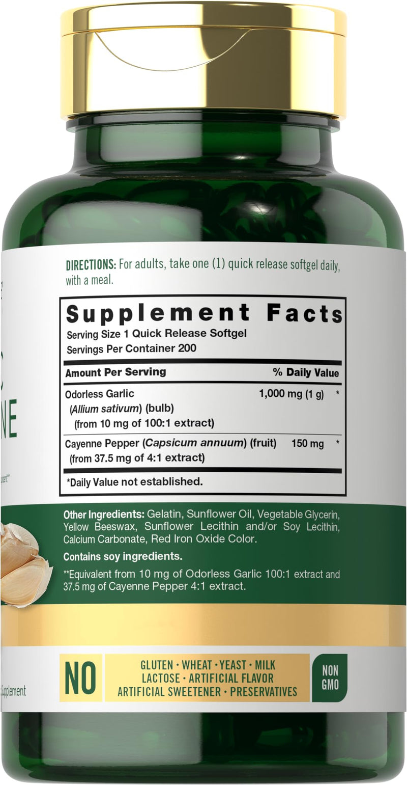 Carlyle Odorless Garlic and Cayenne 1150mg | 200 Softgels | Non-GMO, Gluten Free Supplement