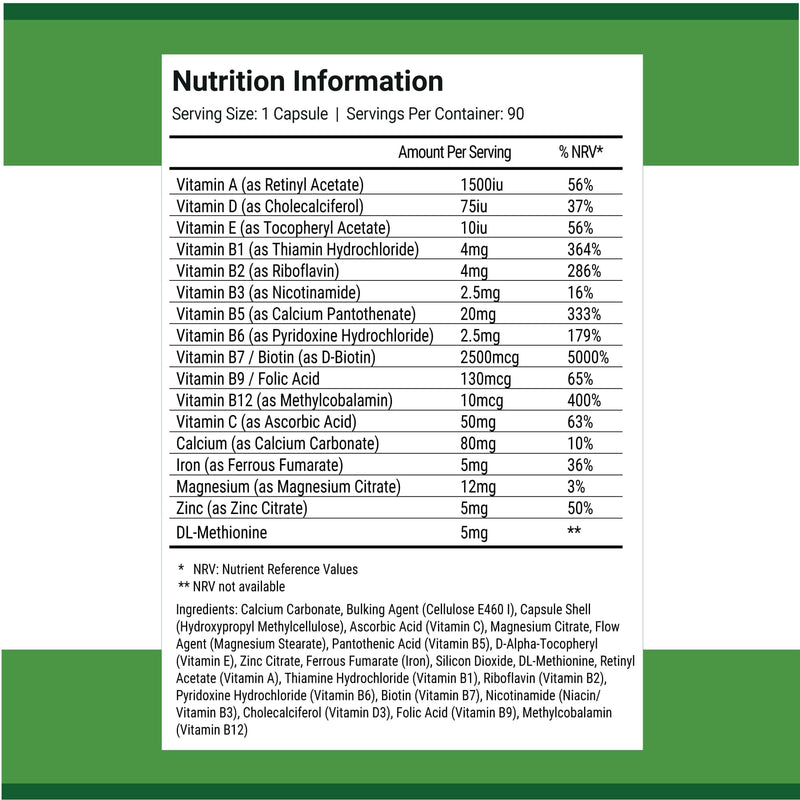 Nutri-Align Hair Defence Biotin Complex | 90 Capsules - High Strength Biotin Hair Vitamins for Hair Loss | Hair Growth Biotin Supplements - 2500mcg per Capsule | Vitamin A, Folic Acid & Calcium