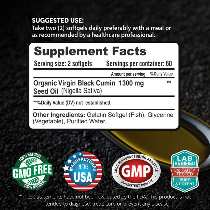 [Australia] - FRESH HEALTHCARE Black Seed Oil Capsules Cold Pressed 1300mg Per Serving, 100% Pure & Premium Non-GMO Nigella Sativa Black Cumin Seed Oil, Supports Immune System, Joint & Skin Health - 120 Capsules 