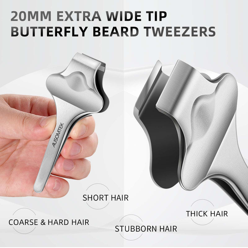 [Australia] - Butterfly Beard Tweezers, Hair Plucking, Fine Hair Removal Tweezers, Eyebrows Tool, Stainless Steel, 20mm Wide Tips, Anti-Slip Slot, Brown PU Case 1Pack 