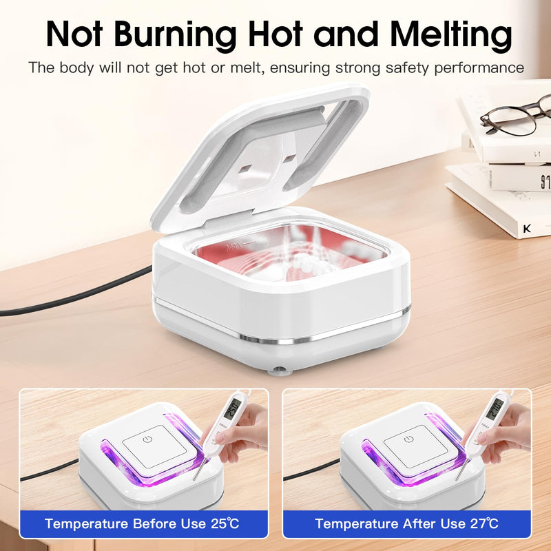 HAUSBELL Dental Pod: Ultrasonic Retainer Cleaner, Denture Cleaner Machine with 8 Cleaner Tablets, Aligner Cleaner, Nightguard Cleaner, Mouthguard Cleaner, Ultrasonic Cleaner with Noise-Reduction Lid Ultrasonic Cleaner - White