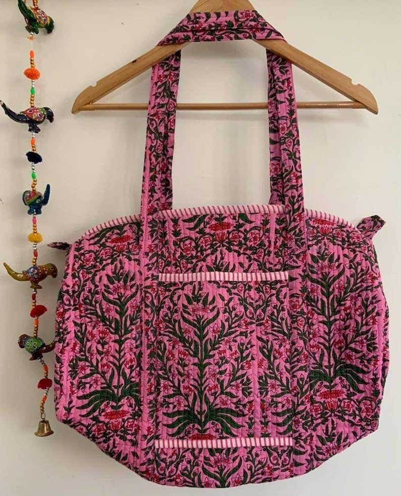 Yille Handmade Cotton Block Print Duffle Travel Bag Gym Yoga Bag,Quilted Bag Everyday use Gift for Someone Special Occasionally (Pink Temple) Pink Temple
