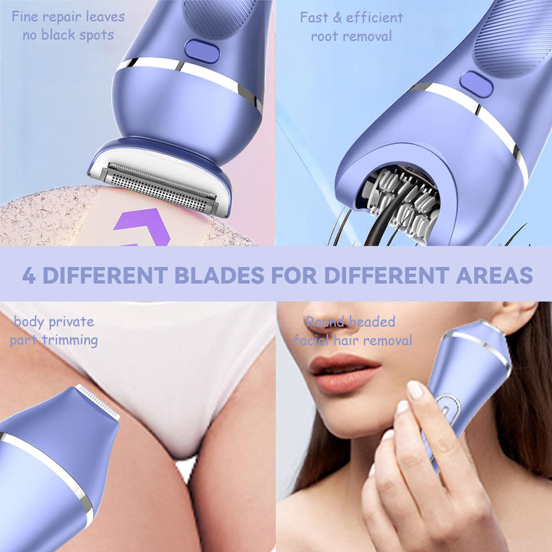 [Australia] - Epilator for Women, 7 in 1 Replaceable Hair Removal & Massager & Cleaner Devices, Bikini Trimmer, Face Massage, Face Exfoliating Brush, Foot Callus Remover, IPX7 Waterproof Razors (Purple) Purple 