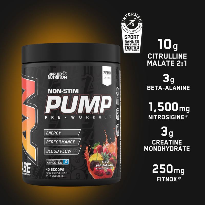 Applied Nutrition ABE Pump Pre Workout - All Black Everything Stim Free Pump Pre Workout Powder | Pump, Energy & Strength with Citrulline, Creatine, Beta-Alanine (500g - 40 Servings) (Red Hawaiian) Red Hawaiian