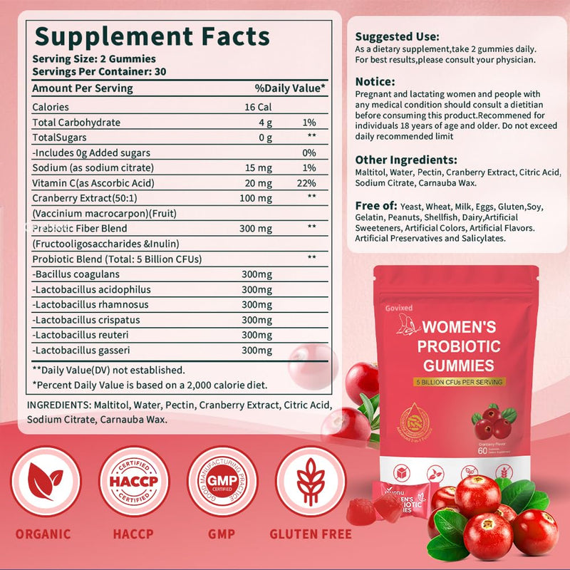 Women's Probiotic Gummies, Premium Feminine PH Balance Gummy, 5 Billion CFUs, Cranberry Flavour, Sugar-Free, Vegan, 60 Count