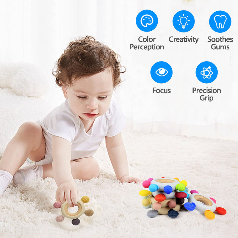 [Australia] - Baby Teething Toys Silicone Teethers BPA Free Silicone Rudder with Wooden Ring Soothe Babies Gums (Khaki) Khaki 