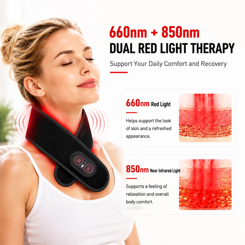 Neck Heating Pad for Pain, Cordless Neck Massager with 660nm 850nm Red Light, 3000mAh Battery and 3 Levels Heat & Massage Heated Neck Brace Wrap for Soreness Stiffness Relief Pain