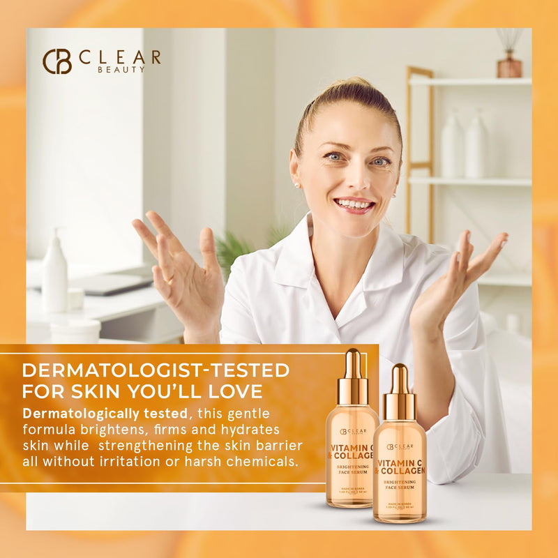 Clear Beauty Vitamin C Serum For Face with Collagen – Dermatologist Tested, Anti Aging, Korean Skin Care – Hydrates, Firms, Targets Dark Spots & Supports Skin Barrier – Vegan, Clean Beauty, 1.69 Fl Oz Vitamin C & Vegan Collagen