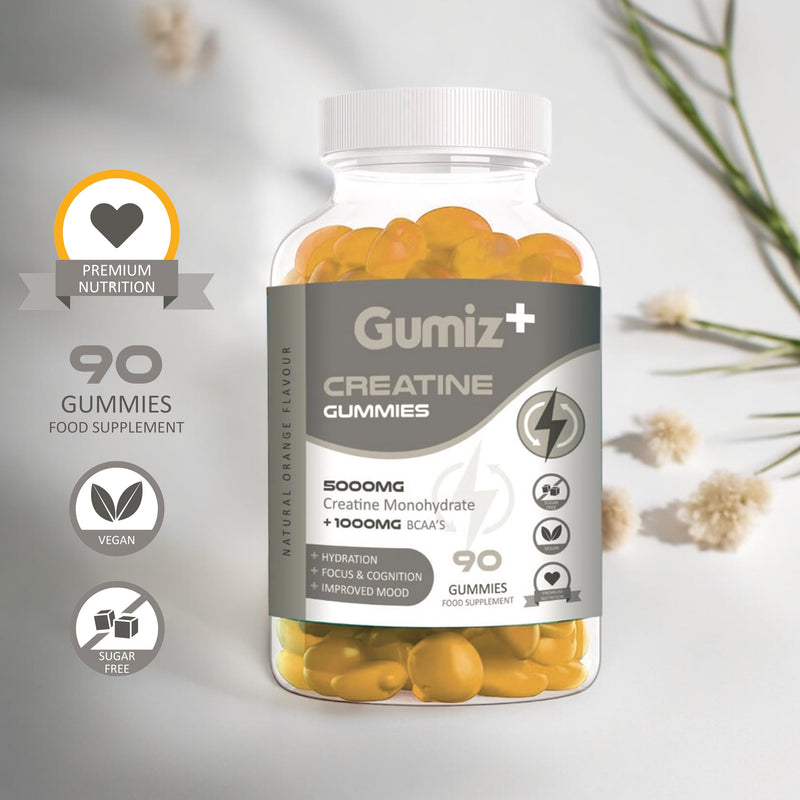 Max 5000mg Creatine Monohydrate Gummies, Added 1000mg BCAAs, Premium Pre-Workout, Gym Supplement | 90 Gummies - 1 Month Supply | Orange Flavour | Vegan & Sugar-Free