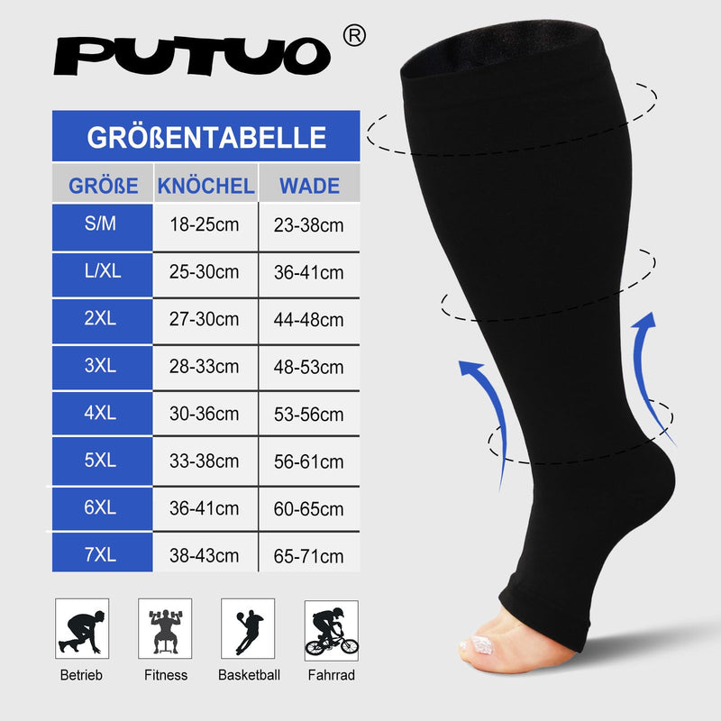 [Australia] - PUTUO Compression Stockings Thick Calves for Men: Thrombosis Stockings Women Plus Size Support Stockings Open Toe for Flight Medical Running Travel 1 Pair Black 4XL 