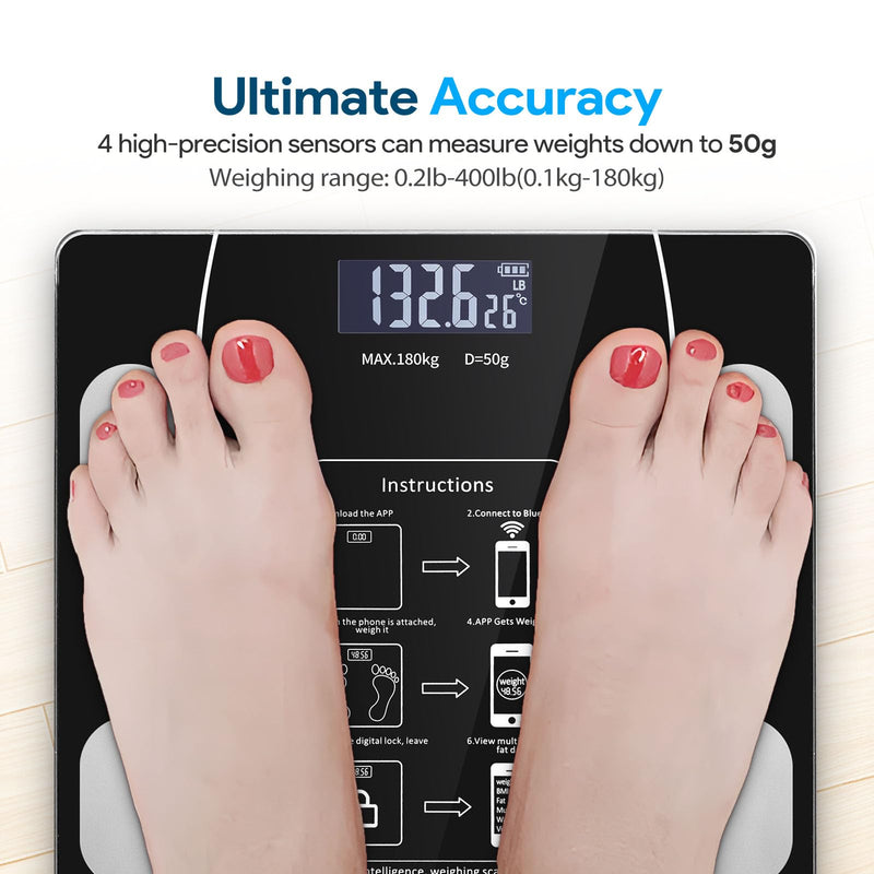 [Australia] - Stylish LED Display Body Fat Scale, Weight Scale, Bluetooth Smart Scale with Health app Integration, Body Fat and Health Monitor with app sync, Suitable for Bathroom (Black) Black 