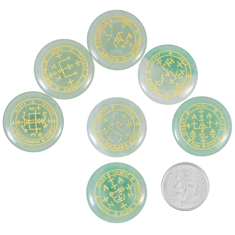 Amogeeli 7pcs Engraved Archangel Symbol Pocket Stone Token, Round Crystal Talisman for Protection 2-green