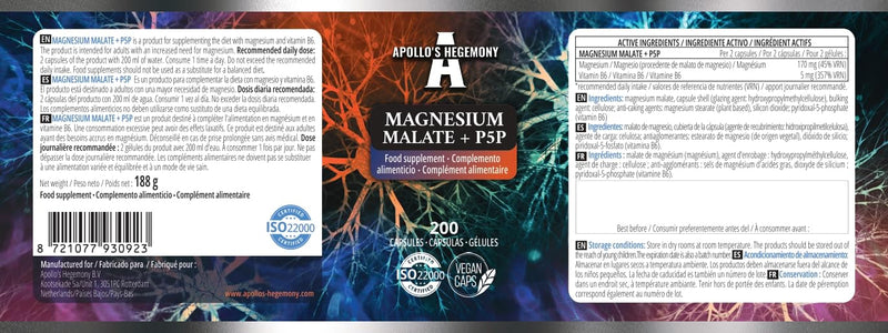Magnesium Malate 1400 mg per Portion + Vitamin B6 (P-5-P) - 200 Vegan Capsules - 3 Month Supply - Magnesium Malate + Pyridoxal-5-Phosphate - Support Muscle and Bone Health - by Apollo's Hegemony