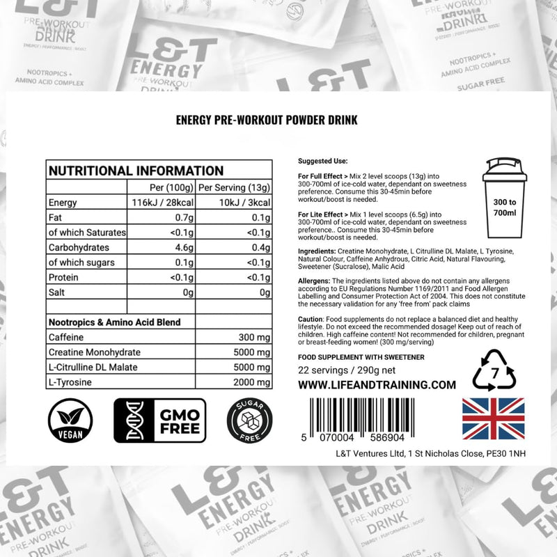 L&T Energy Pre Workout Powder - 13000mg with Caffeine, Creatine, Citrulline & Tyrosine - Sugar Free & No Tingles - Preworkout Energy Drink Men & Women (22 Servings, Watermelon) 22 Servings