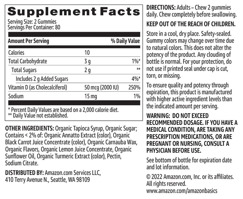 Amazon Basics Vitamin D3 2000 IU Gummies, Orange, Lemon & Strawberry, 160 Count (2 per Serving) (Previously Solimo) 160 Count (Pack of 1)