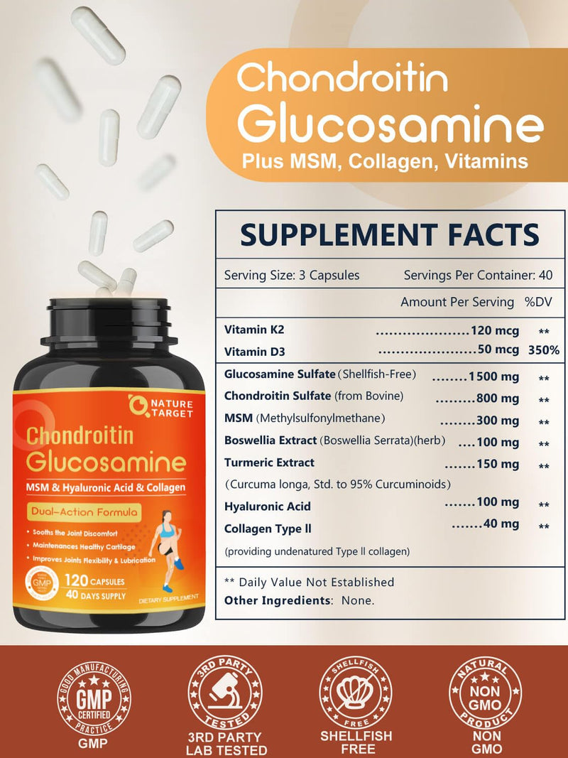 [Australia] - NATURE TARGET Glucosamine Chondroitin Joint Support Supplement - Plus MSM, Collagen, Turmeric, Shellfish Free, Supports Joint, Knees, Cartilage, for Men & Women, 120 Caps 120 Count (Pack of 1) 