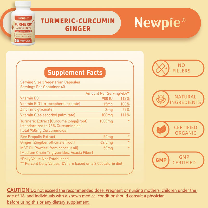 Turmeric Curcumin Supplement with MCT Oil 50mg,120 Capsules 1000mg Turmeric Extract 95% Curcuminoids,Fat Soluble Vitamin C,Bee Propolis,Ginger,Vitamin D3,Zine,Non-GMO,Gluten Free (1) 1